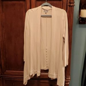 Tan long cardigan with gold button detail on back